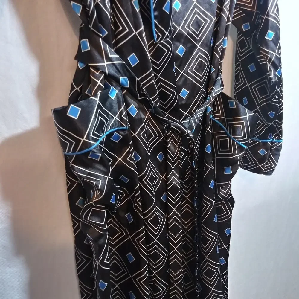 Vintage Victoria's Secret Silky Satin Geometric Patterned Black Blue Robe  Xs/S
